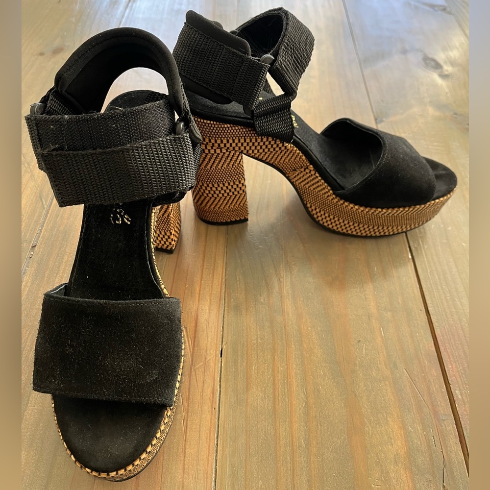 Free People Black Suede Chunky Heels w/ Velcro Strap